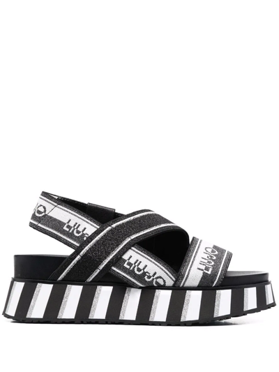 Shop Liu •jo Frida Striped Logo-print Sandals In Schwarz
