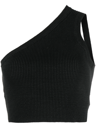Shop Jacquemus Asymmetric Fine-ribbed Cropped Top In Schwarz