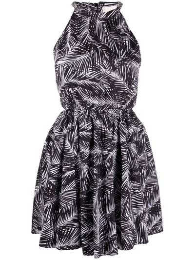 Shop Michael Michael Kors Leaf-print Halterneck Dress In Weiss