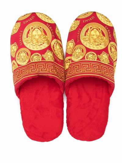 Shop Versace Medusa Head Motif Slippers In Rot