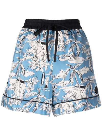 Shop Moncler Floral-print Drawstring Silk Shorts In Blau