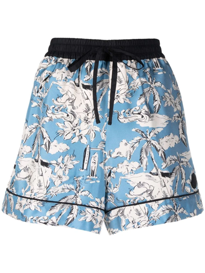 Moncler Botanical Motif Drawstring Waist Mini Shorts In Blau