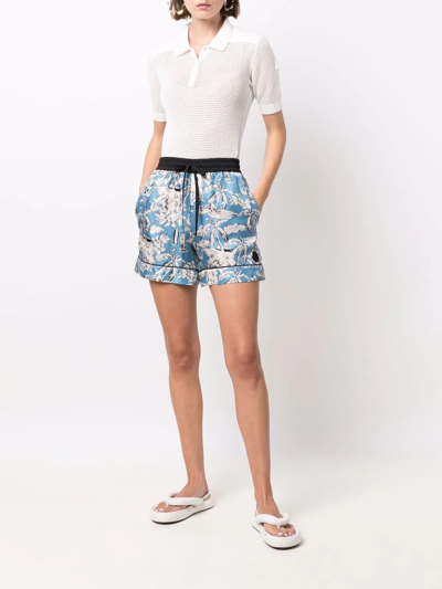 Shop Moncler Floral-print Drawstring Silk Shorts In Blau