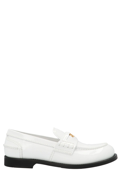Shop Miu Miu Round Toe Penny Loafers In White