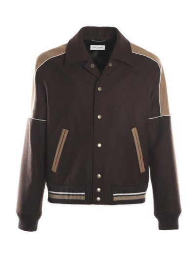 Shop Saint Laurent Long Sleeved Jersey Knit Varsity Jacket In Brown