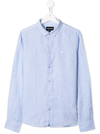 Shop Emporio Armani Teen Long-sleeve Linen Shirt In Blue