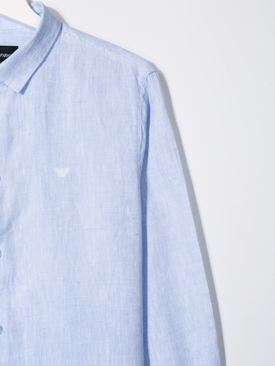 Shop Emporio Armani Teen Long-sleeve Linen Shirt In Blue
