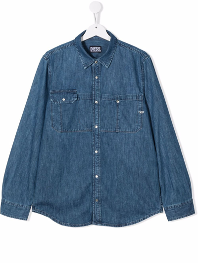 Shop Diesel Teen Button-down Denim Shirt In Blue