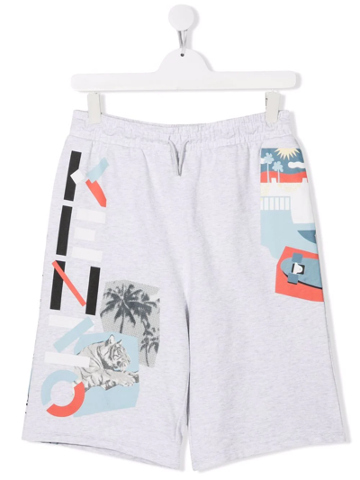 Shop Kenzo Teen Logo-print Cotton Shorts In Grey