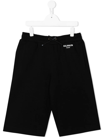 Shop Balmain Teen Logo-print Straight Shorts In Black