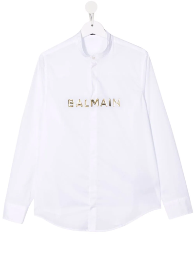 Shop Balmain Teen Logo-lettering Long-sleeve Shirt In White