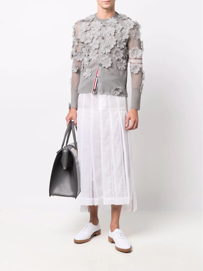 Thom Browne Floral-appliqué Semi-sheer Organza Cardigan In Grey