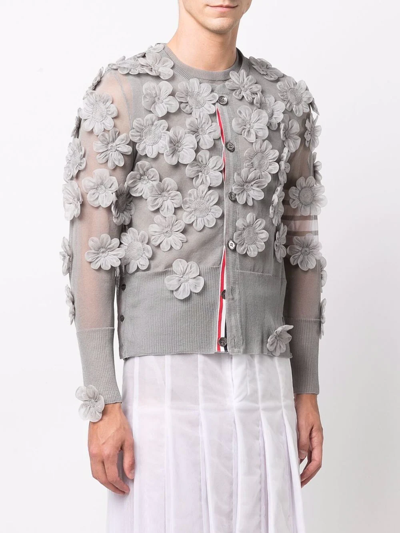 Thom Browne Floral-appliqué Semi-sheer Organza Cardigan In Grey