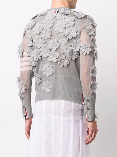 Thom Browne Floral-appliqué Semi-sheer Organza Cardigan In Grey