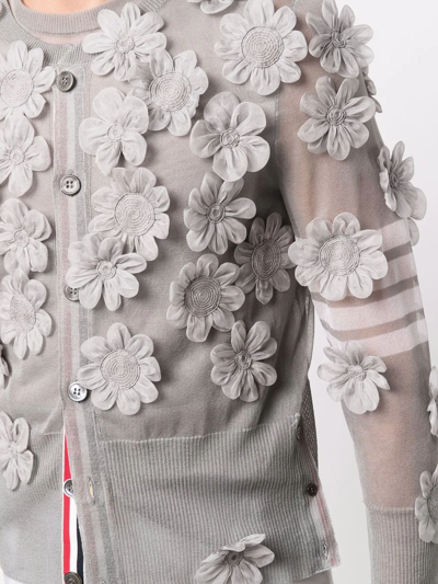 Thom Browne Floral-appliqué Semi-sheer Organza Cardigan In Grey