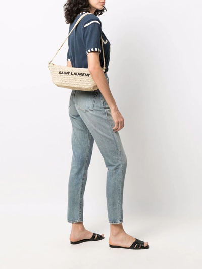 Shop Saint Laurent Woven Raffia Shoulder Bag In Neutrals