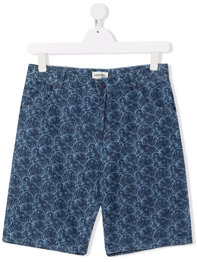Shop Kenzo Teen Animal-print Denim Shorts In Blue