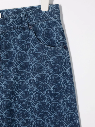 Shop Kenzo Teen Animal-print Denim Shorts In Blue