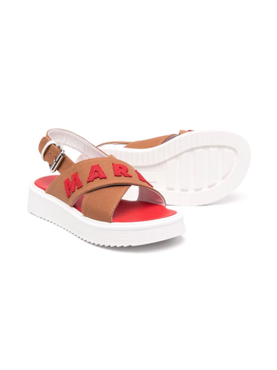 Shop Marni Embossed-logo Slingback Sandals In Brown