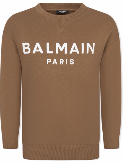 Shop Balmain Logo Print Sweatshirt In Brown