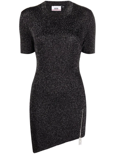 Shop Gcds Zip-charm Lurex Knitted Mini Dress In Black