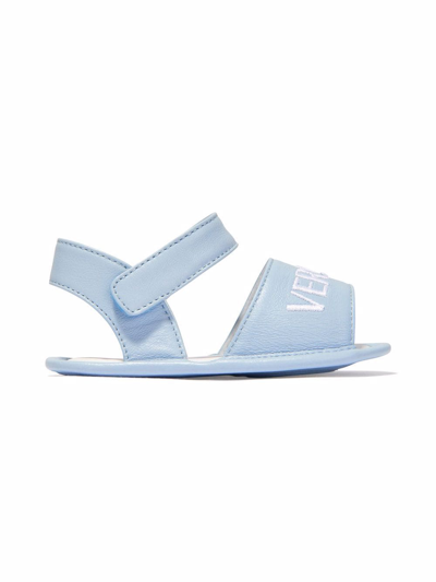 Shop Versace Embroidered Logo Leather Sandals In Blue
