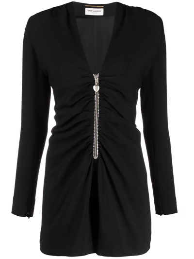 Shop Saint Laurent Ruched Zip-front Silk Playsuit In Black