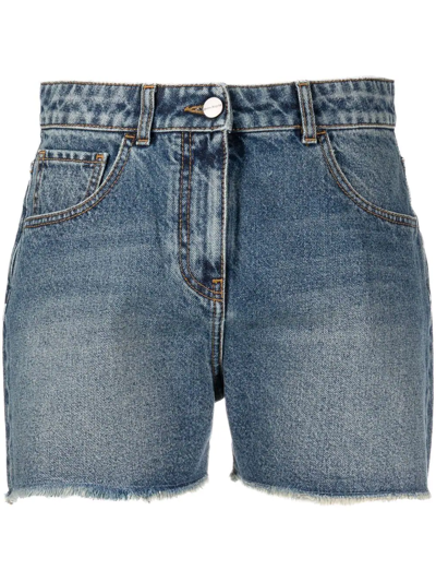 Shop Palm Angels Palm Tree-embroidered Frayed Denim Shorts In Blue