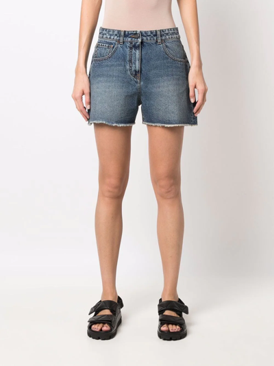 Shop Palm Angels Palm Tree-embroidered Frayed Denim Shorts In Blue