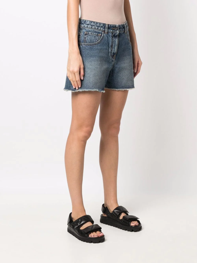 Shop Palm Angels Palm Tree-embroidered Frayed Denim Shorts In Blue