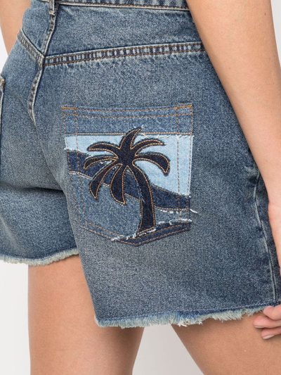 Shop Palm Angels Palm Tree-embroidered Frayed Denim Shorts In Blue