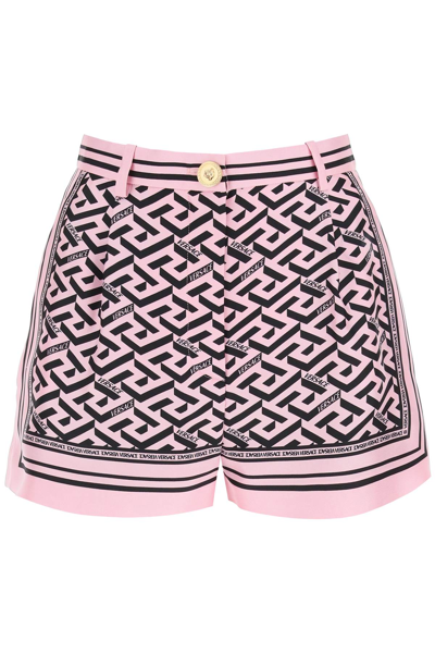 Shop Versace La Greca Silk Shorts In Pink,black