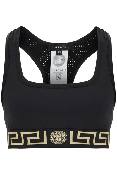 Shop Versace Sports Bra With Greca Border In Black,gold