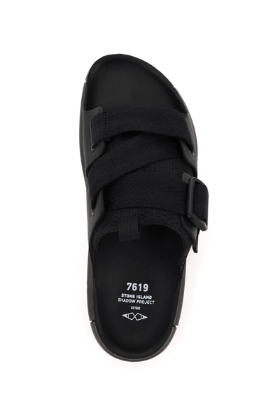 Shop Stone Island Shadow Project Webbing Strap Leather Slides In Black