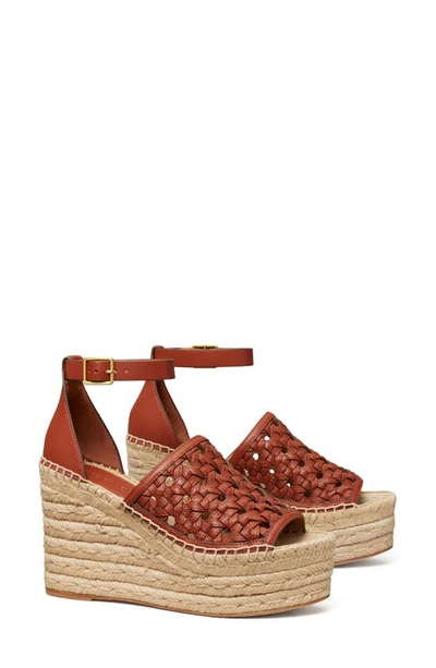Shop Tory Burch Basketweave Ankle Strap Espadrille Wedge In Brick Red