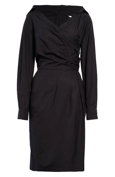 Shop Max Mara Long Sleeve Draped Cotton Poplin Dress In Nero