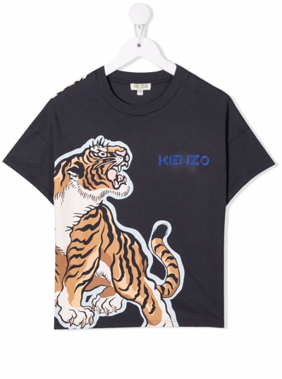 Shop Kenzo Boys Cotton T-shirt With Tiger Print In Grey