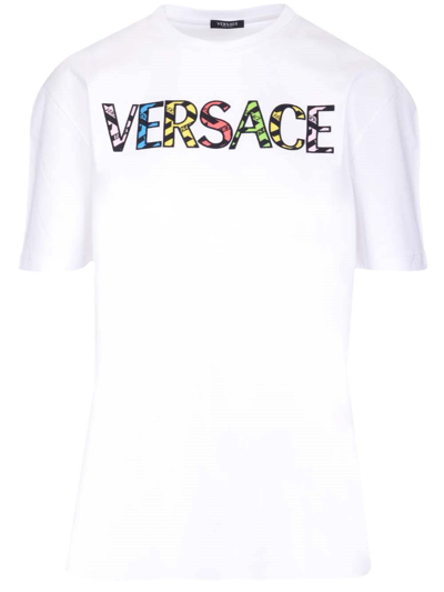 Shop Versace Logo Printed Crewneck T-shirt In White