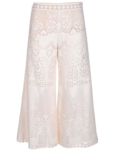 Shop Valentino High Waist Wide Leg Lace Trousers In Almond