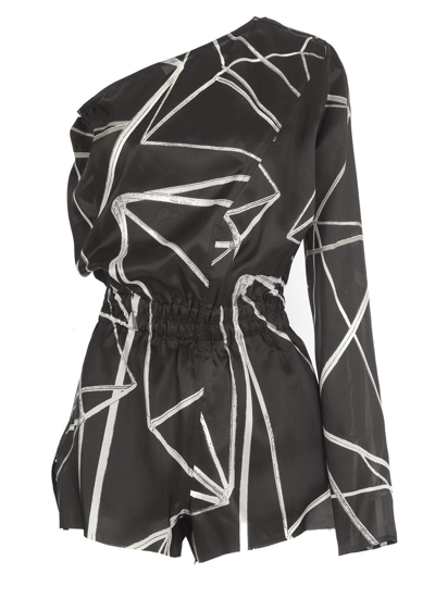Shop Rick Owens Geometric Printed One-shoulder Jumpsuit In Nero
