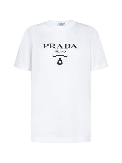 Shop Prada Logo Printed Crewneck T-shirt In Bianco