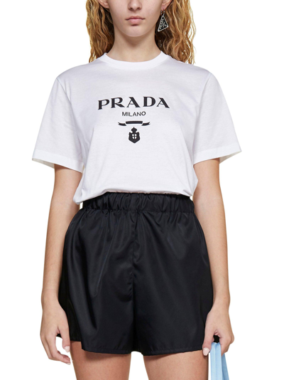 Shop Prada Logo Printed Crewneck T-shirt In Bianco