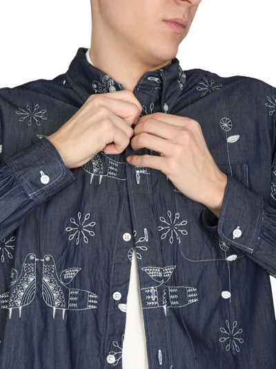 Shop Engineered Garments Bird Embroidery Shirt In Blu
