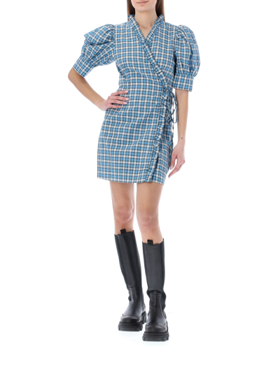 Shop Ganni Seersucker Wrap Mini Dress In Blue Check