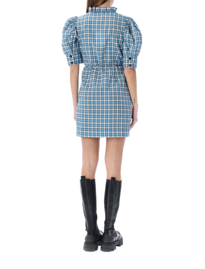 Shop Ganni Seersucker Wrap Mini Dress In Blue Check