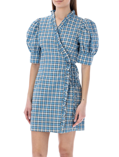 Shop Ganni Seersucker Wrap Mini Dress In Blue Check