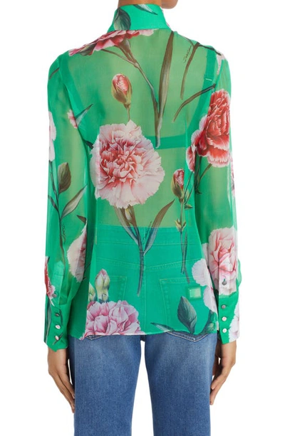 Shop Dolce & Gabbana Carnation Print Silk Chiffon Blouse In Verde