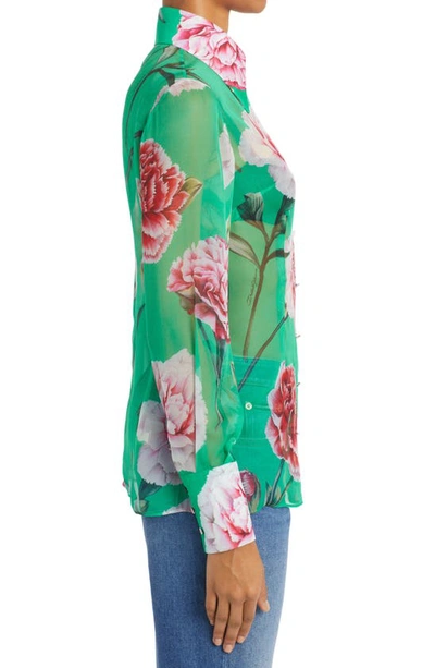 Shop Dolce & Gabbana Carnation Print Silk Chiffon Blouse In Verde