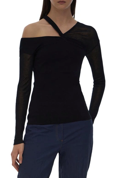 Shop Helmut Lang One Shoulder Long Sleeve Knit Top In Black