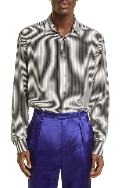 Shop Saint Laurent Stripe Button-up Silk Shirt In 1095 - Noir Craie